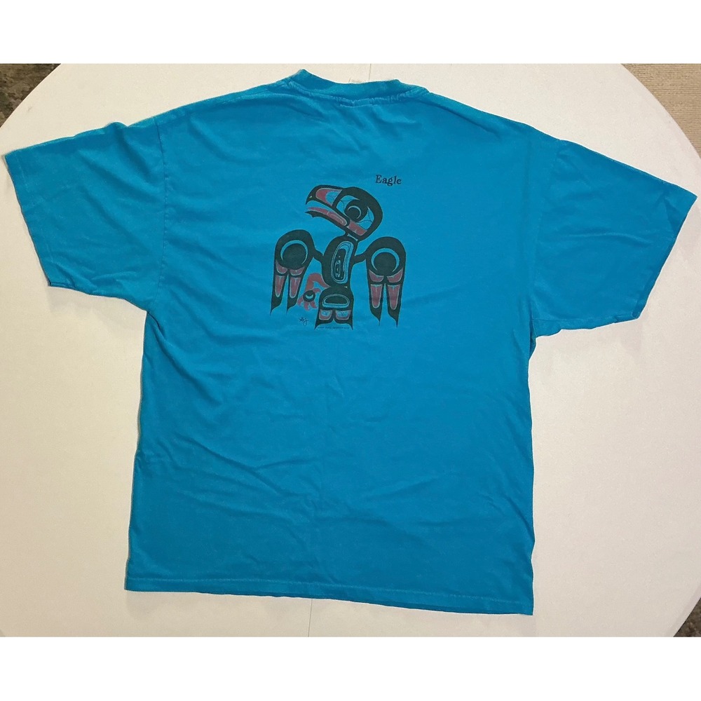 VTG Y2K Tribal Aztec Southwest Indigenous Eagle Wolf Pocket Tee‎ Blue Mens XL